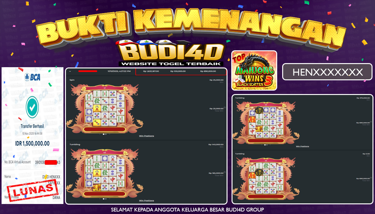 BUDI4D JACKPOT USER ID : HEN**** SLOT PRAGMATIC PLAY ( Mahjong Wins 3 - Black Scatter ) Rp.1.500.000,- LUNAS